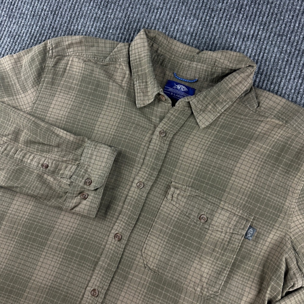 AFTCO Mens XL Green Plaid Flannel Button Down Fishing Shirt Long Sleeve M46338